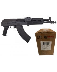 Pioneer Arms Polish Hellpup AK-47 Pistol - Black | 7.62x39 | 11.73" Barrel Bundled w/ One Wolf Steel Case 7.62x39mm Rifle Ammo - 122 Grain | FMJ | 1000rd Case