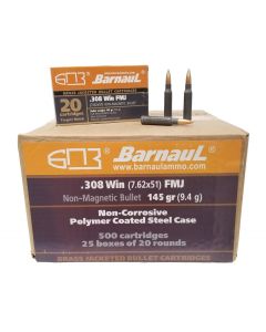 Barnaul .308 Win Rifle Ammo - 145 Grain | FMJ - Brass Jacketed | Steel Casing | 500rd Case