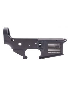 Anderson AM-15 Forged Stripped AR15 Lower Receiver - Black | Flag & "These Colors Never Run" Slogan | Retail Packaging