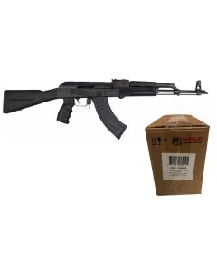 Pioneer Arms Sporter AK-47 Rifle - Black | 7.62x39 | 16" Barrel | Original Polish Barrel & Receiver Bundled w/ One Wolf Steel Case 7.62x39mm Rifle Ammo - 122 Grain | FMJ | 1000rd Case