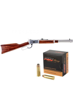 Rossi R92 Lever Action Rifle - Stainless Steel | .44 Mag | 16.5" Barrel | 8rd | Hardwood Stock & Forend & PMC Bronze .44 Magnum Handgun Ammo - 180 Grain | JHP | 500rd Case