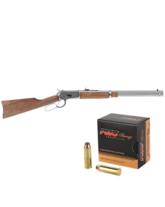 Rossi R92 Lever Action Rifle - Stainless Steel | .44 Mag | 20" Barrel | 10rd | Hardwood Stock & Forend & PMC Bronze .44 Magnum Handgun Ammo - 180 Grain | JHP | 500rd Case