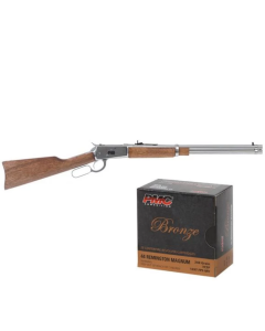 Rossi R92 Lever Action Rifle - Stainless Steel | .44 Mag | 20" Barrel | 10rd | Hardwood Stock & Forend & PMC Bronze .44 Magnum Handgun Ammo - 240 Grain | TCSP | 500rd Case