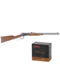Rossi R92 Lever Action Rifle - Stainless Steel | .44 Mag | 20" Barrel | 10rd | Hardwood Stock & Forend & PMC Bronze .44 S&W Special Handgun Ammo - 180 Grain | JHP | 500rd Case
