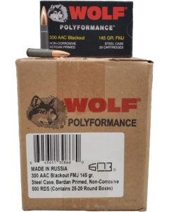 Wolf Steel Case .300 Blackout Rifle Ammo- 145 Grain | FMJ | 500rd Case