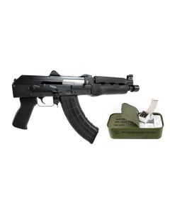 Zastava ZPAP92 AK-47 Pistol BULGED TRUNNION 1.5MM RECEIVER - Stained Wood Handguard | 7.62x39 | 10" Chrome Lined Barrel Bundled w/ One 700rd Tin of Century Arms Romanian Made 7.62x39 Rifle Ammo - 123gr Lead Core FMJ | Steel Case