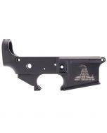 Left side of a Anderson AM-15 Forged Stripped AR15 Lower Receiver with the Don't Tread On Me Logo
